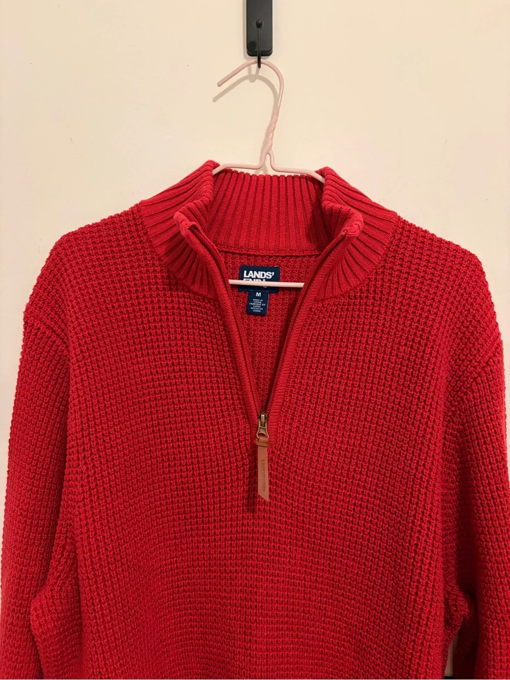 Lands' End Red Chunky Waffle-Knit Half-Zip Sweater
